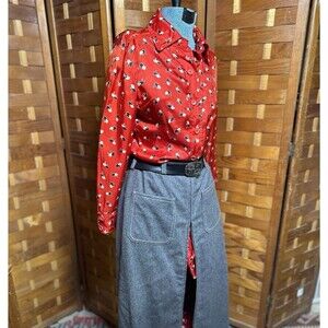 Vintage Womens Set XS/S Blouse Micro Shorts Zip Skirt Mushroom Print Gray A Line